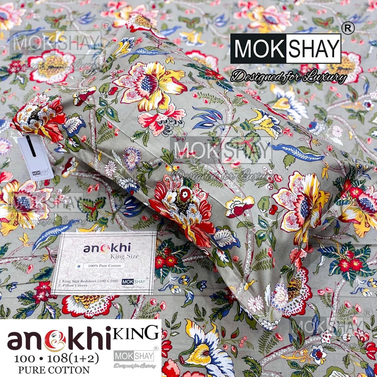 MOKSHAY ANOKHI King Size 100% Pure Cotton Floral Bedsheet – Grey