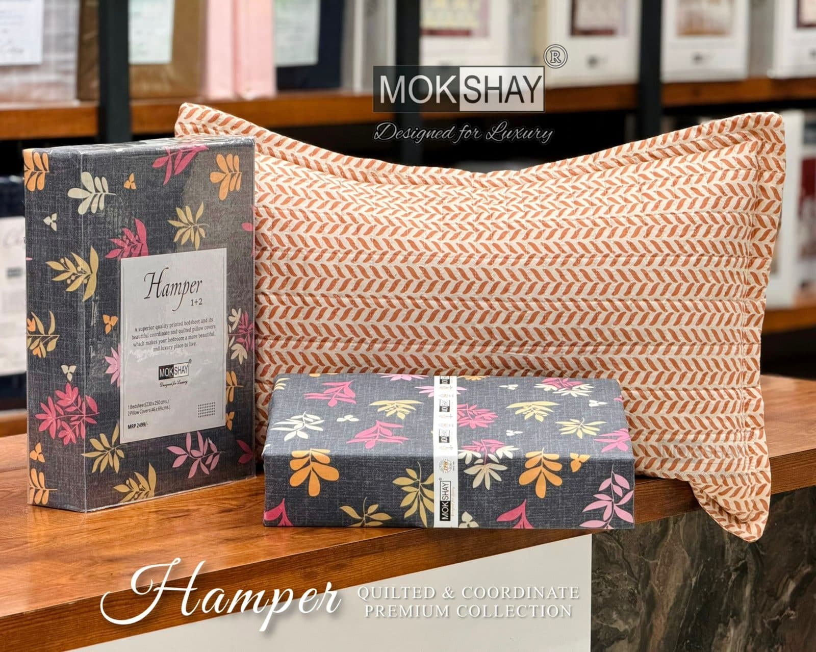 Mokshay Charcoal & Pink Leaf Printed Bedsheet Set with 2 Quilted Pillow Covers (Hamper 1+2 Collection)