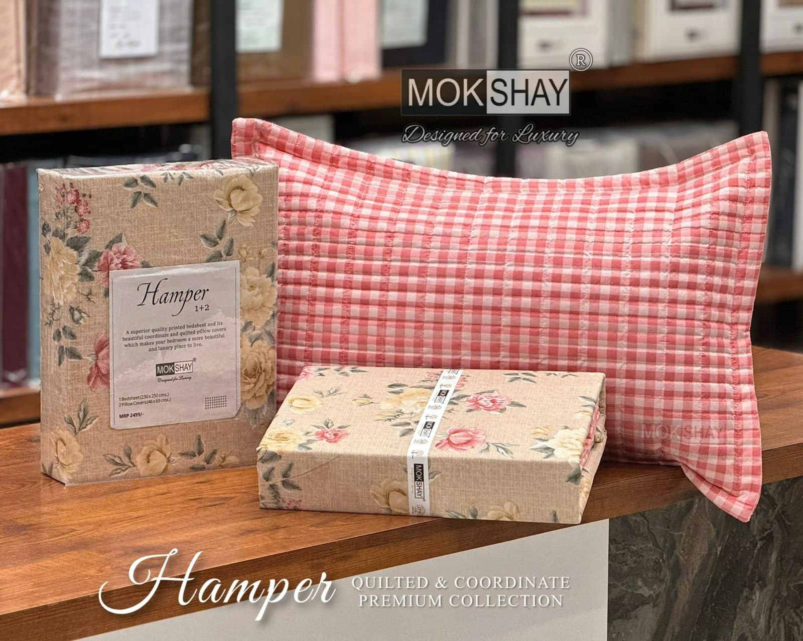 Mokshay Vintage Rose Printed Bedsheet Set with Pink Plaid Quilted Pillow Covers (Hamper 1+2 Collection)