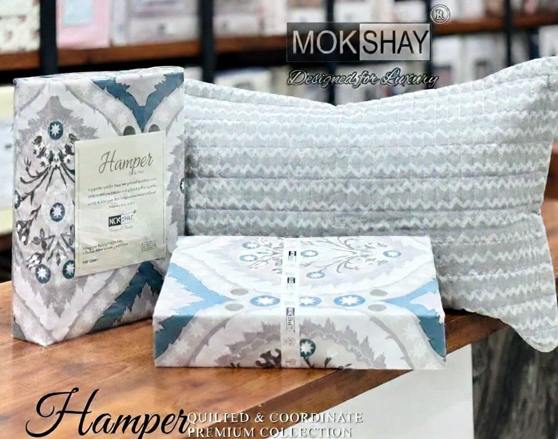 Mokshay Blue & Grey Damask Printed Bedsheet Set with Quilted Pillow Covers (Hamper 1+2 Collection)