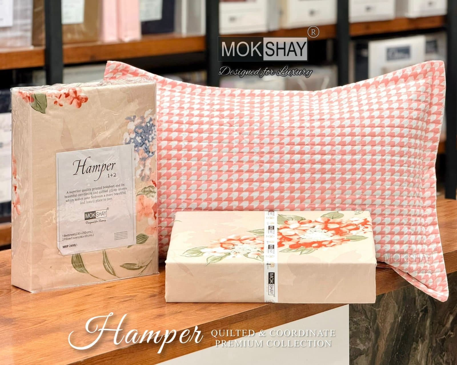 Mokshay Peach Floral Printed Bedsheet Set with Coral Houndstooth Quilted Pillow Covers (Hamper 1+2 Collection)