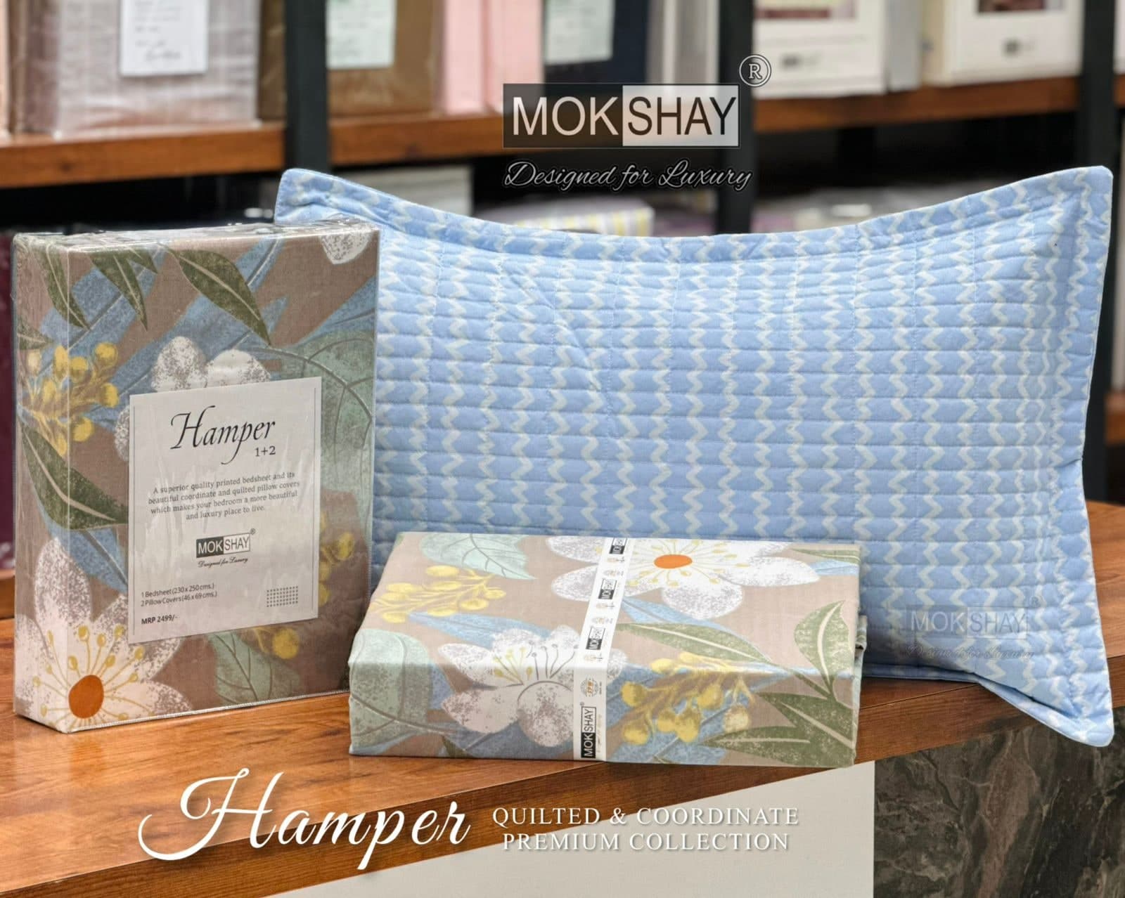 Mokshay Sky Blue & Beige Floral Bedsheet Set with Quilted Chevron Pillow Covers (Hamper 1+2 Collection)