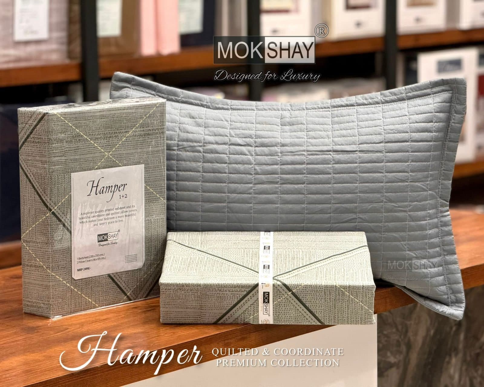 Mokshay Slate Grey Geometric Printed Bedsheet Set with Quilted Grid Pillow Covers (Hamper 1+2 Collection)