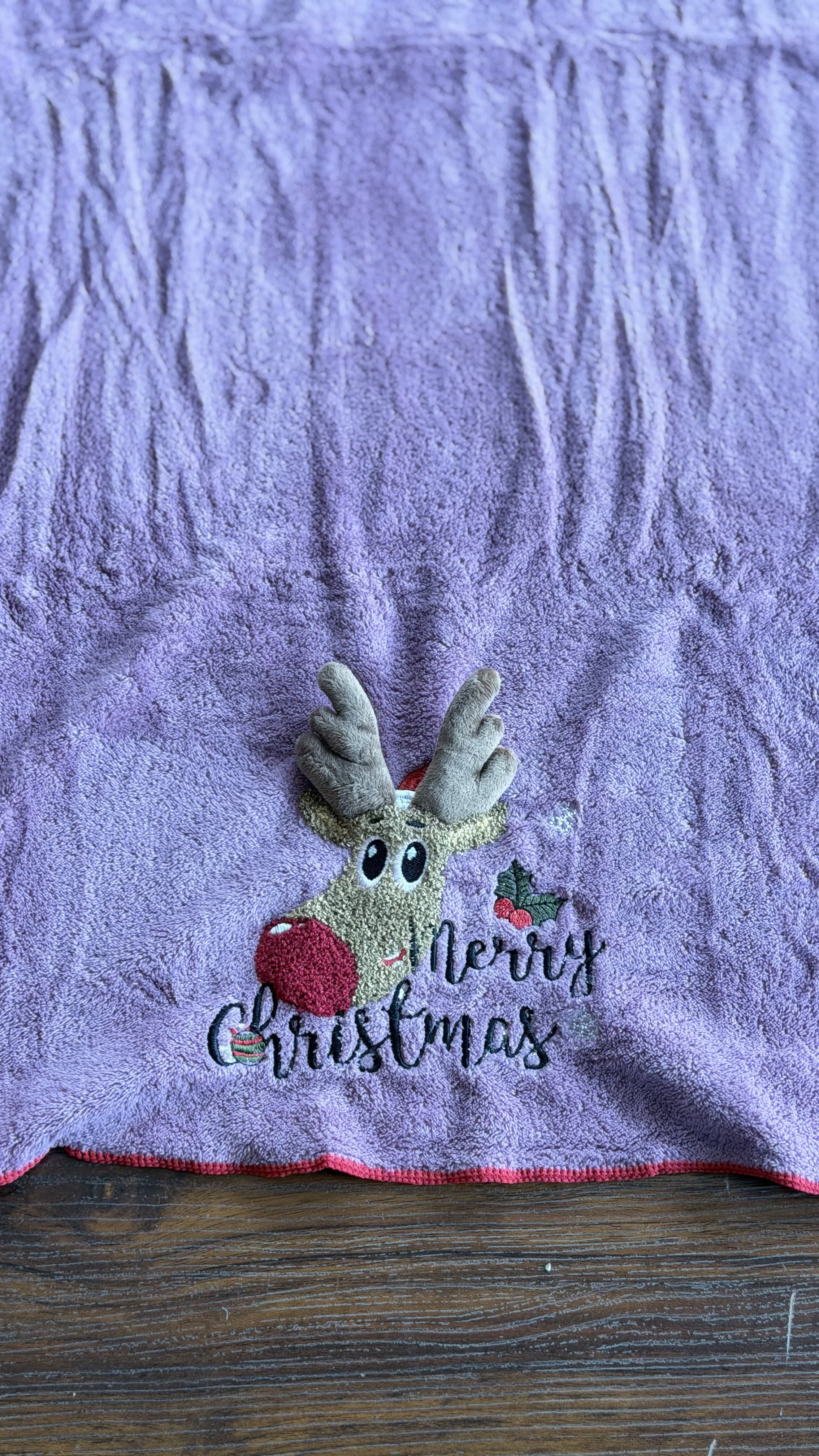 Kids Soft Cotton Towel – Merry Christmas Reindeer Embroidery