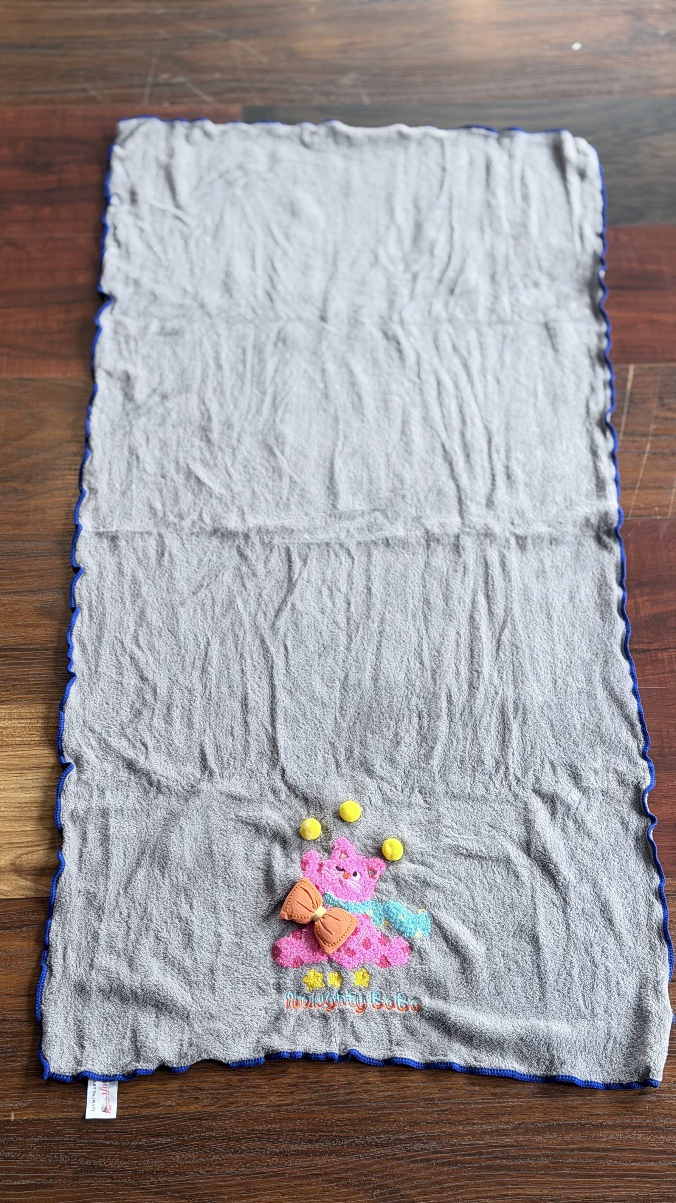 Kids Soft Cotton Towel – Grey Teddy Bear Embroidery