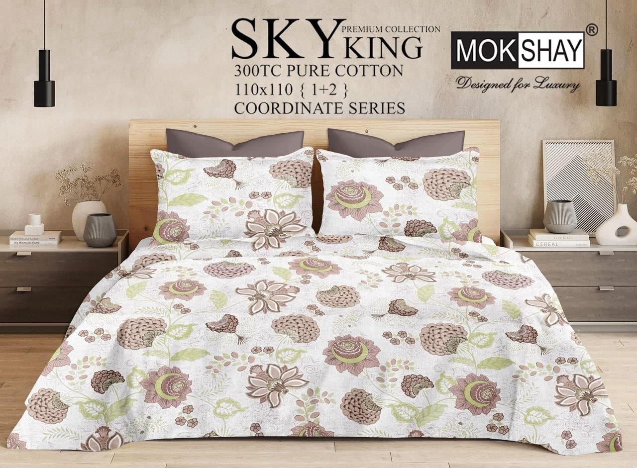 Sky King Premium 300TC Pure Cotton King Size Bedsheet Set