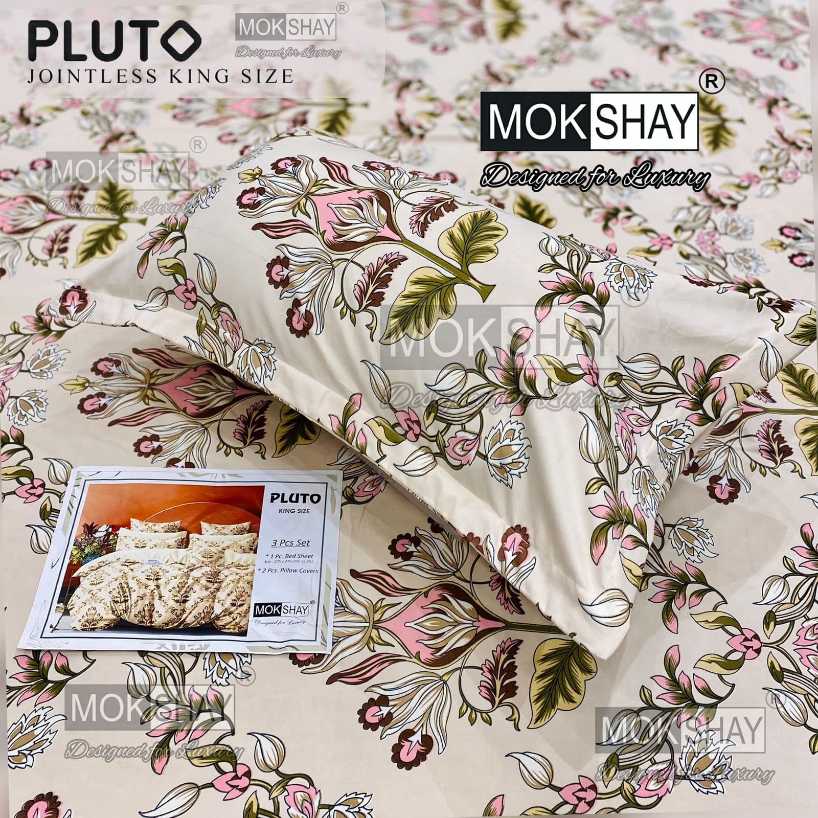 Pluto Floral Printed Jointless King Size Bedsheet Set – 3 Pcs | MOKSHAY