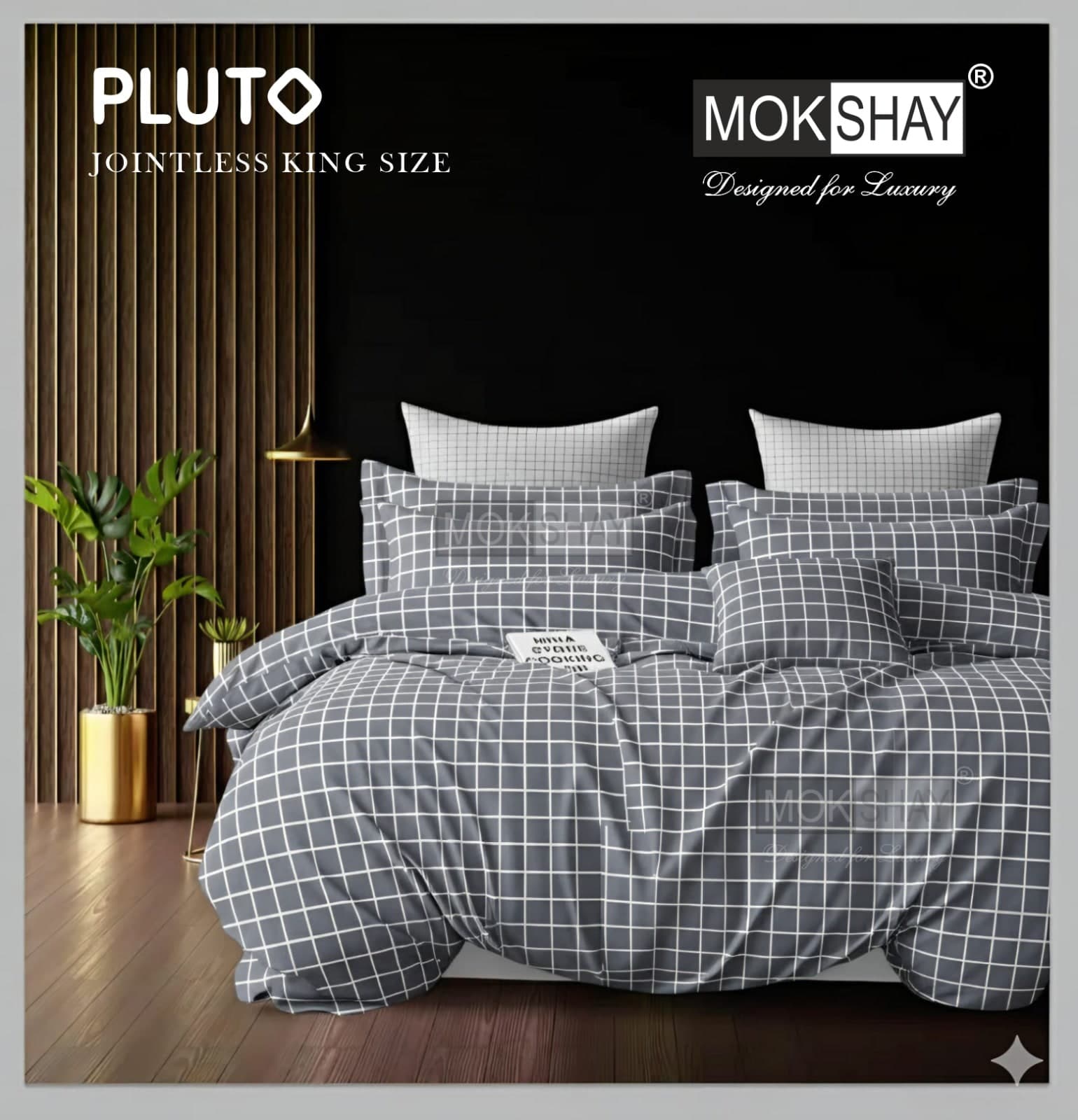 Pluto Grey Checkered Jointless King Size Bedsheet Set – 3 Pcs | MOKSHAY