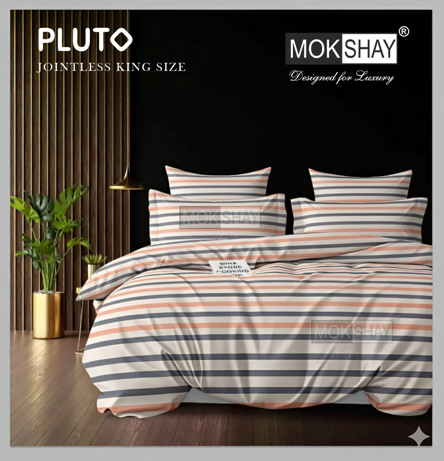 Pluto Peach & Grey Striped Jointless King Size Bedsheet Set – 3 Pcs | MOKSHAY