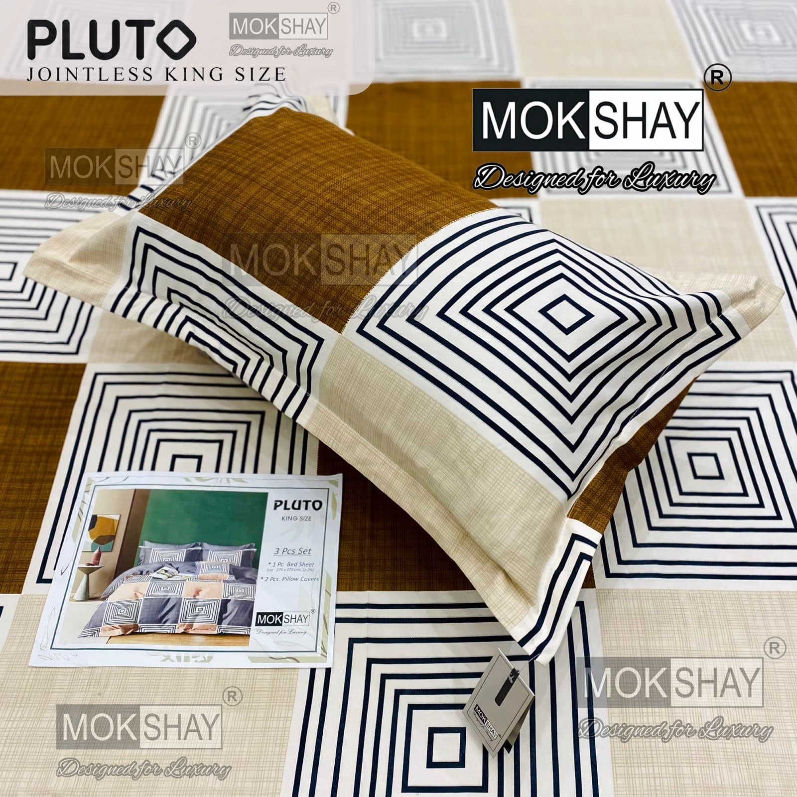 Pluto Beige & Brown Geometric Square Print Jointless King Size Bedsheet Set – 3 Pcs | MOKSHAY